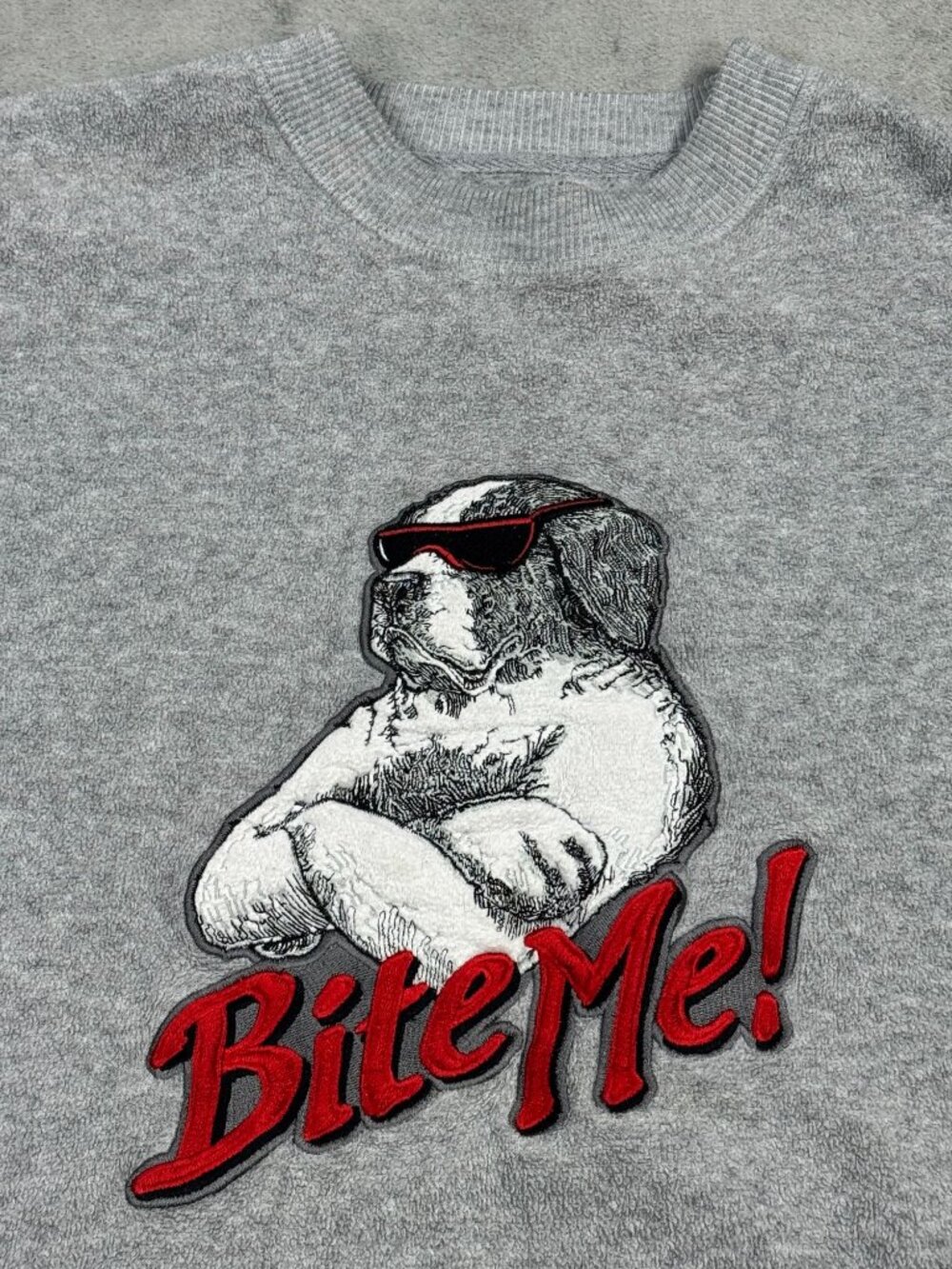 Vintage 90s Polar Dogs Gray 'Bite Me' Fleece Sweater Medium Big Dogs Embroidered - Picture 4 of 6